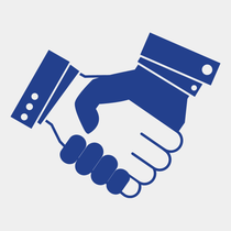 A blue and white icon of two hands shaking each other.