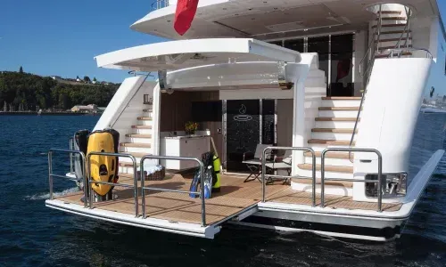Swim platform, showcasing the perfect use of composite decking for durability and style in a marine setting