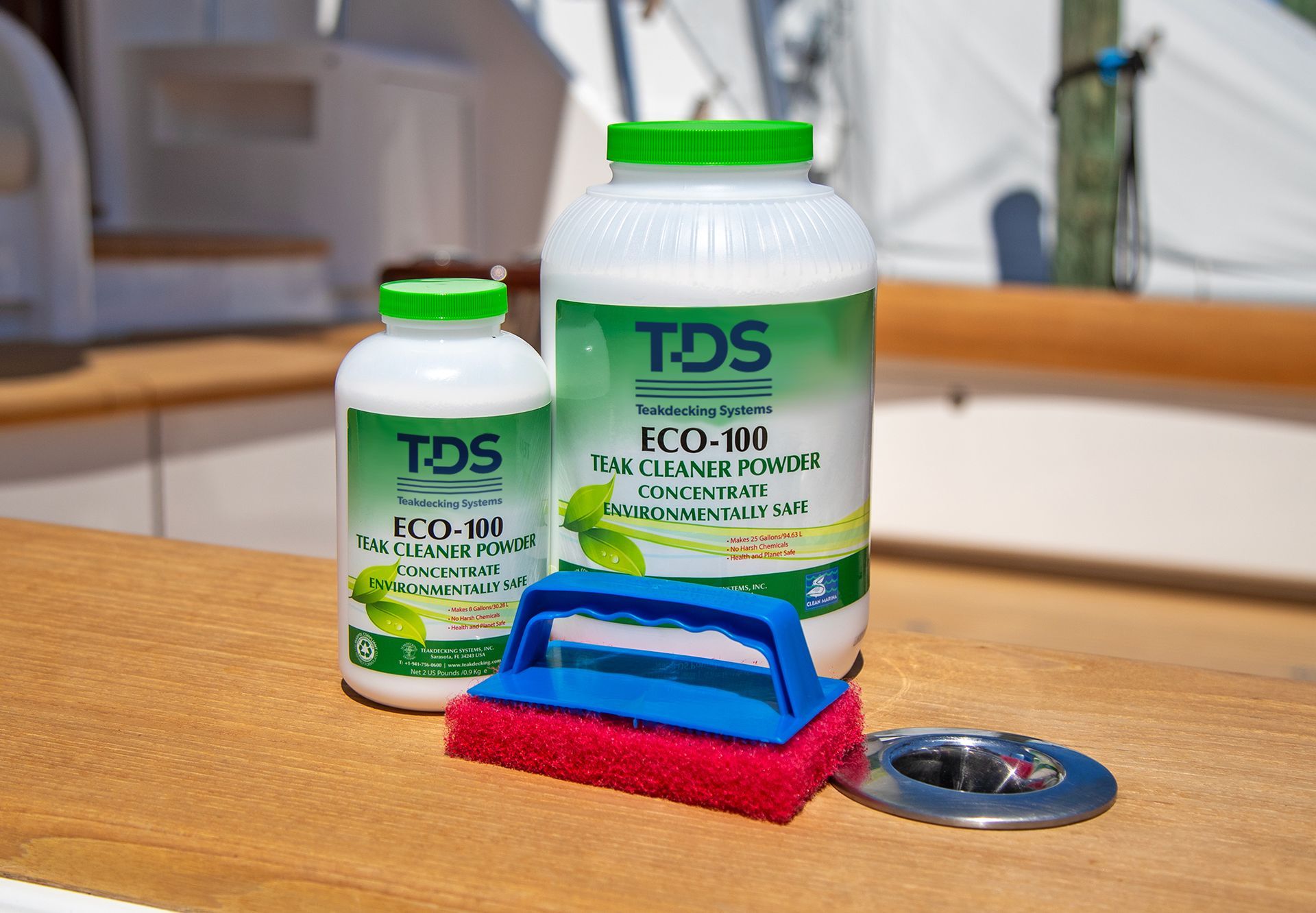 ECO-100 Teak Cleaner Powder, eco-friendly and non-toxic, cleans and brightens teak without harsh chemicals