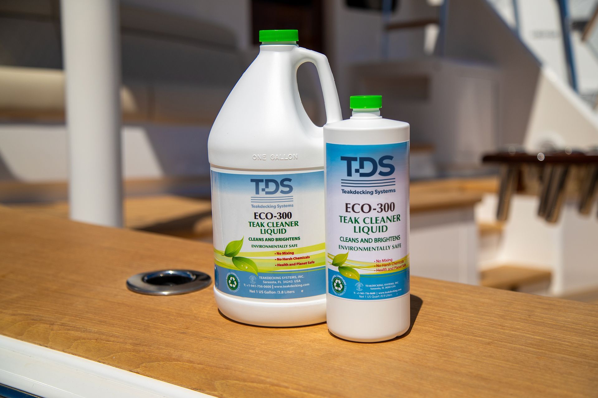 ECO-300 Teak Cleaner Liquid, eco-friendly and non-toxic, cleans and brightens teak and composite decks