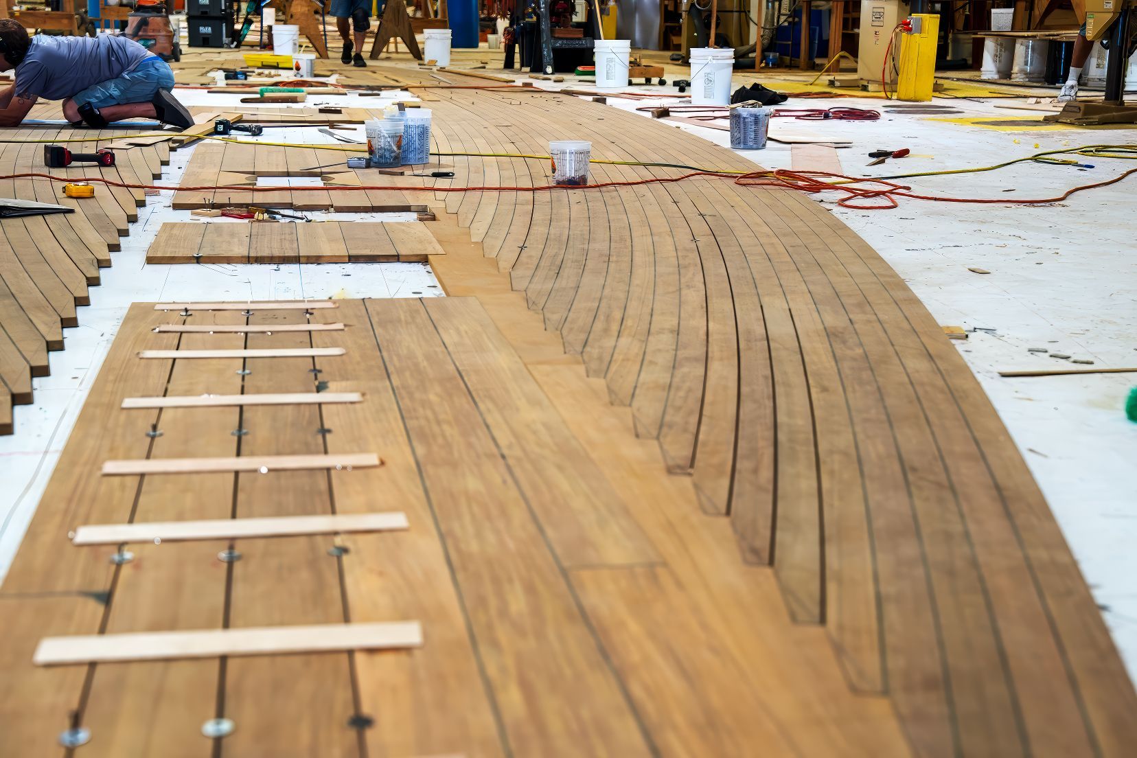 CNC-manufactured teak decking panels being assembled in a workshop for pre-manufactured yacht decking system.