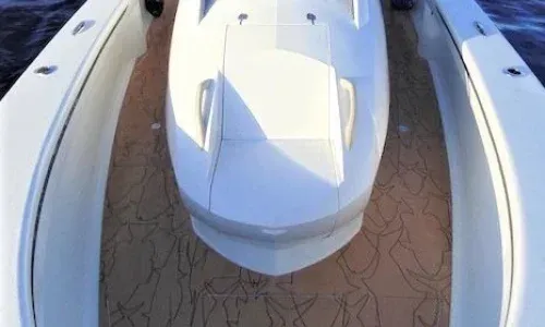 A composite deck on a center console boat, featuring unique patterns that highlight intricate design and craftsmanship