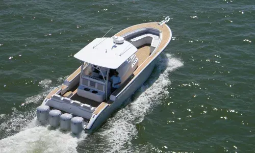 Composite decking by TDS on a center console, showcasing durability and sleek design for a modern marine experience