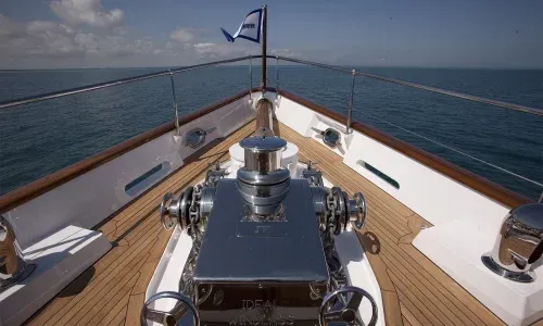 Bow of a boat featuring the anchor chainplate, highlighting essential marine hardware and robust nautical design