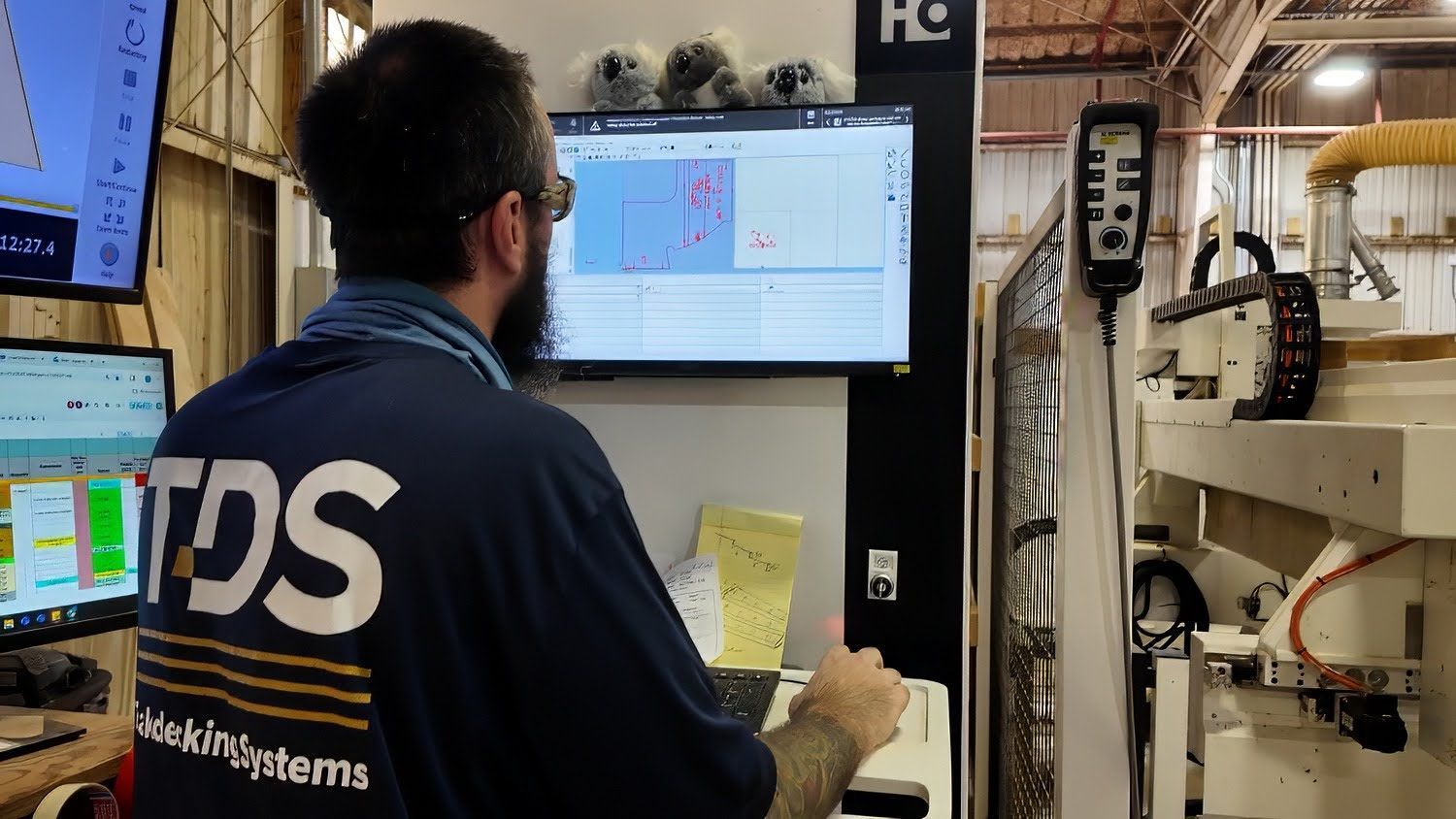 Technician wearing a TDS (Teakdecking Systems) shirt operating a CNC machine via a computer control 