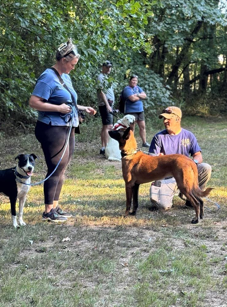 Dog training session in a wooded area. Three people and two dogs. A woman holds a treat.
