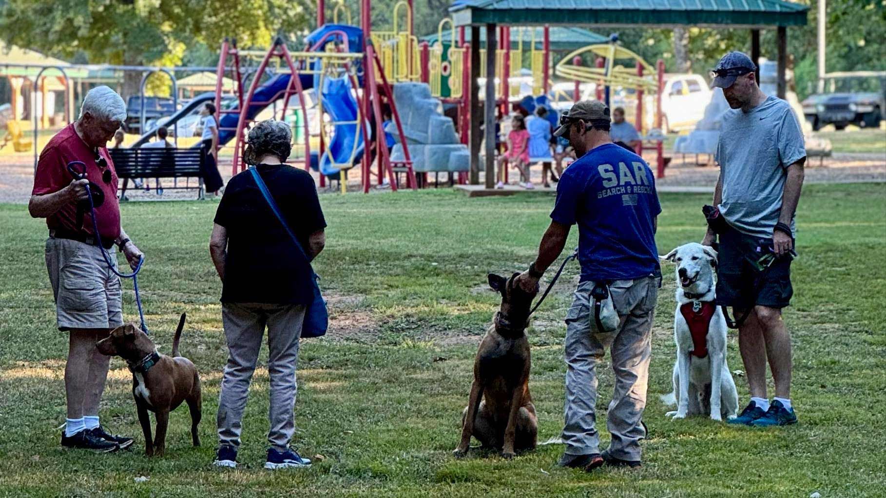People with dogs at a park, near playground equipment. A person in a SAR shirt pets a dog.
