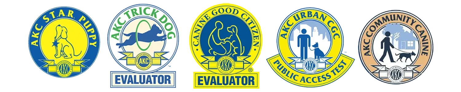 Logos for dog training programs, featuring dogs and handlers.