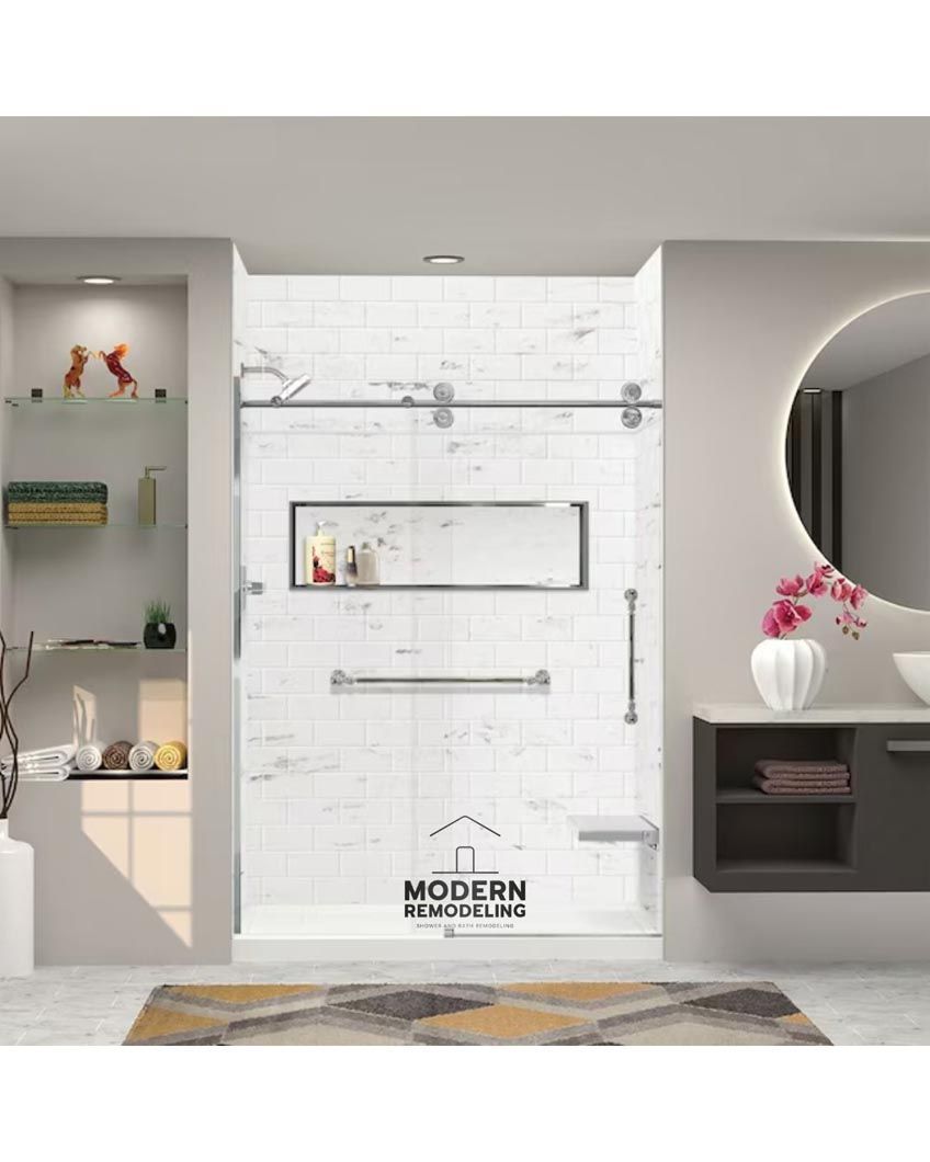 A bathroom with a sliding glass shower door and a sink.