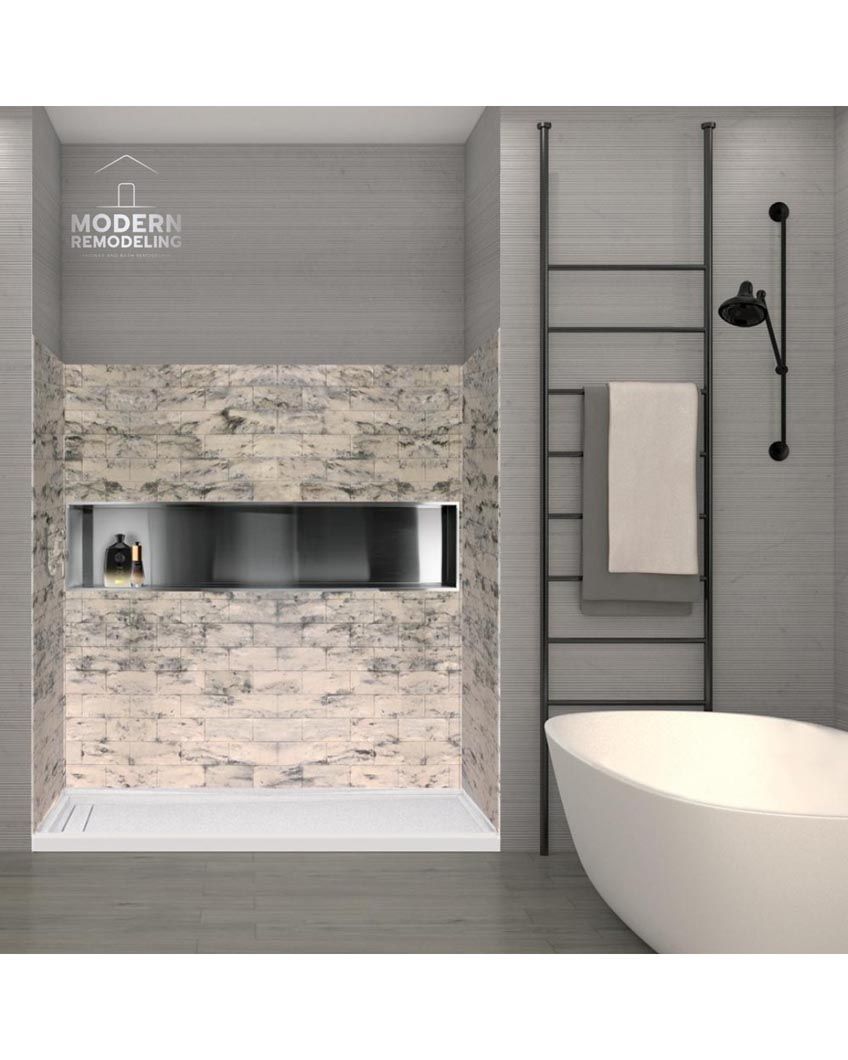 A bathroom with a bathtub , shower , and ladder.