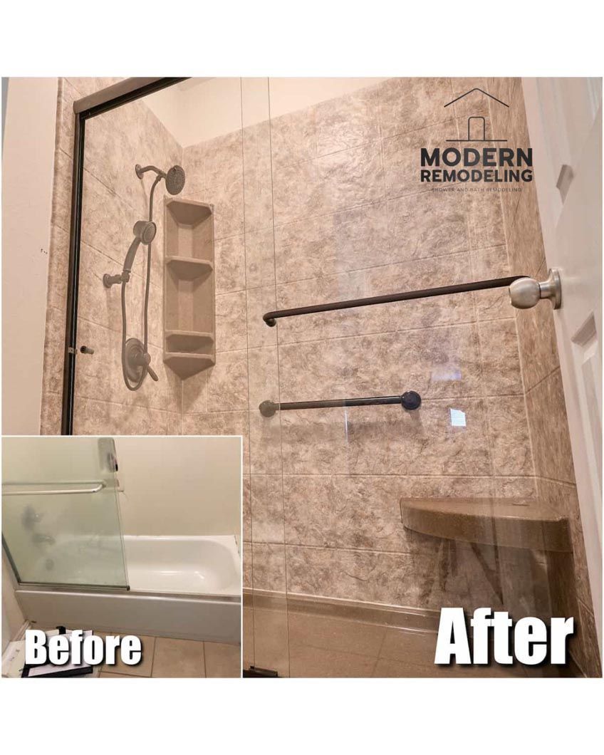 A before and after photo of a bathroom remodel.