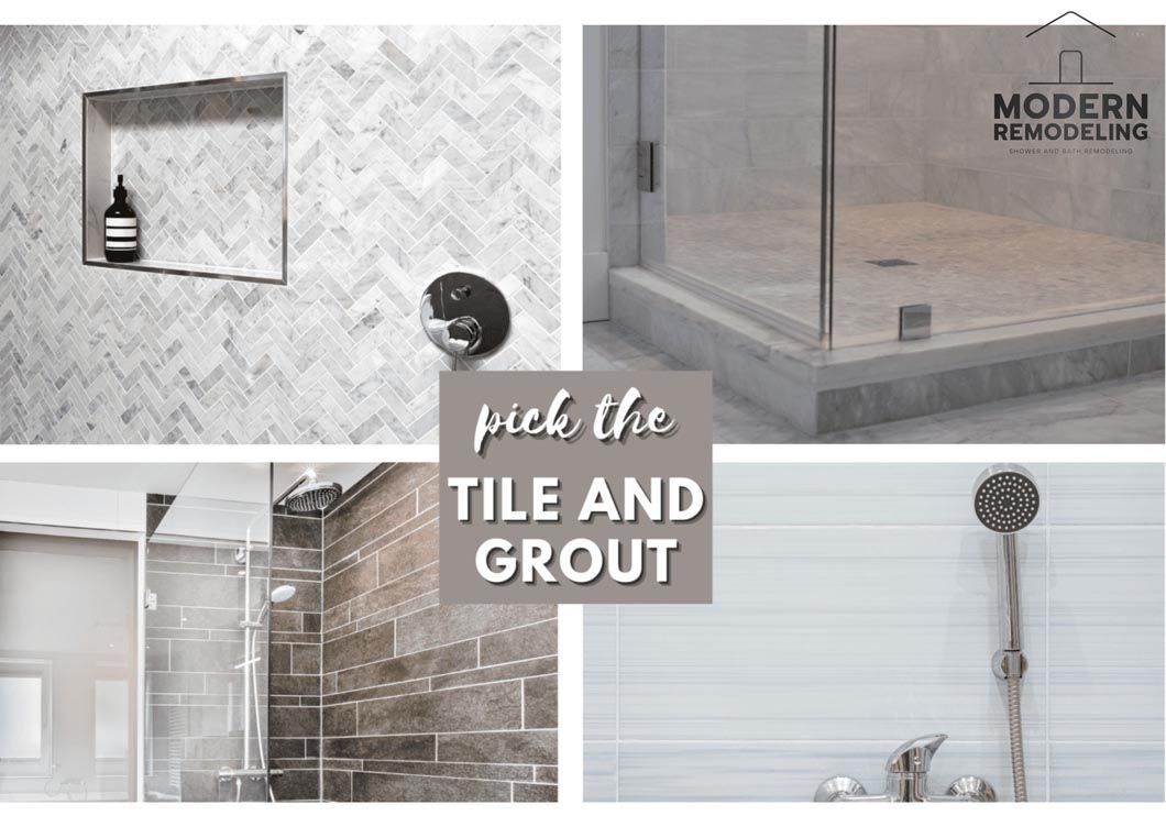A collage of four pictures of a bathroom with tile and grout.