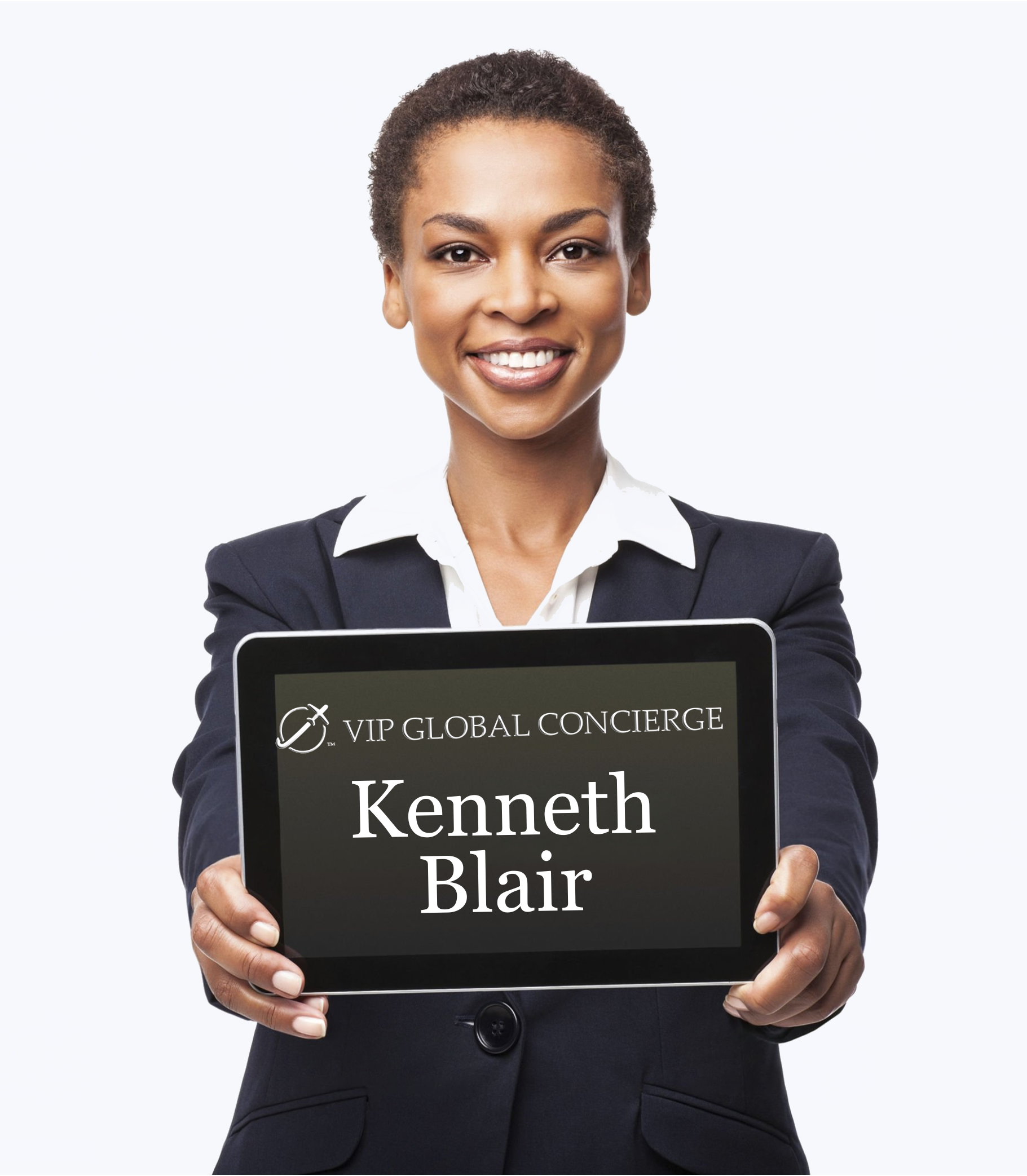 Woman in suit holding a tablet displaying 