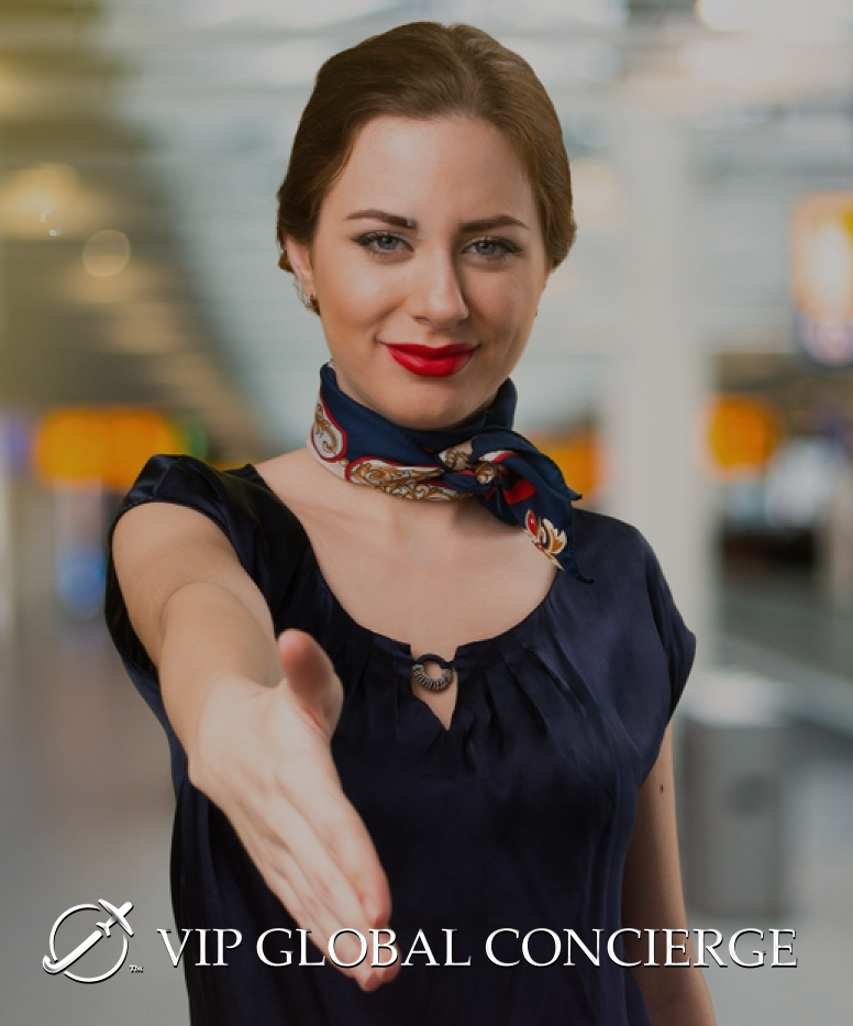 Woman in navy uniform extends a hand in greeting, airport background, VIP Global Concierge logo.