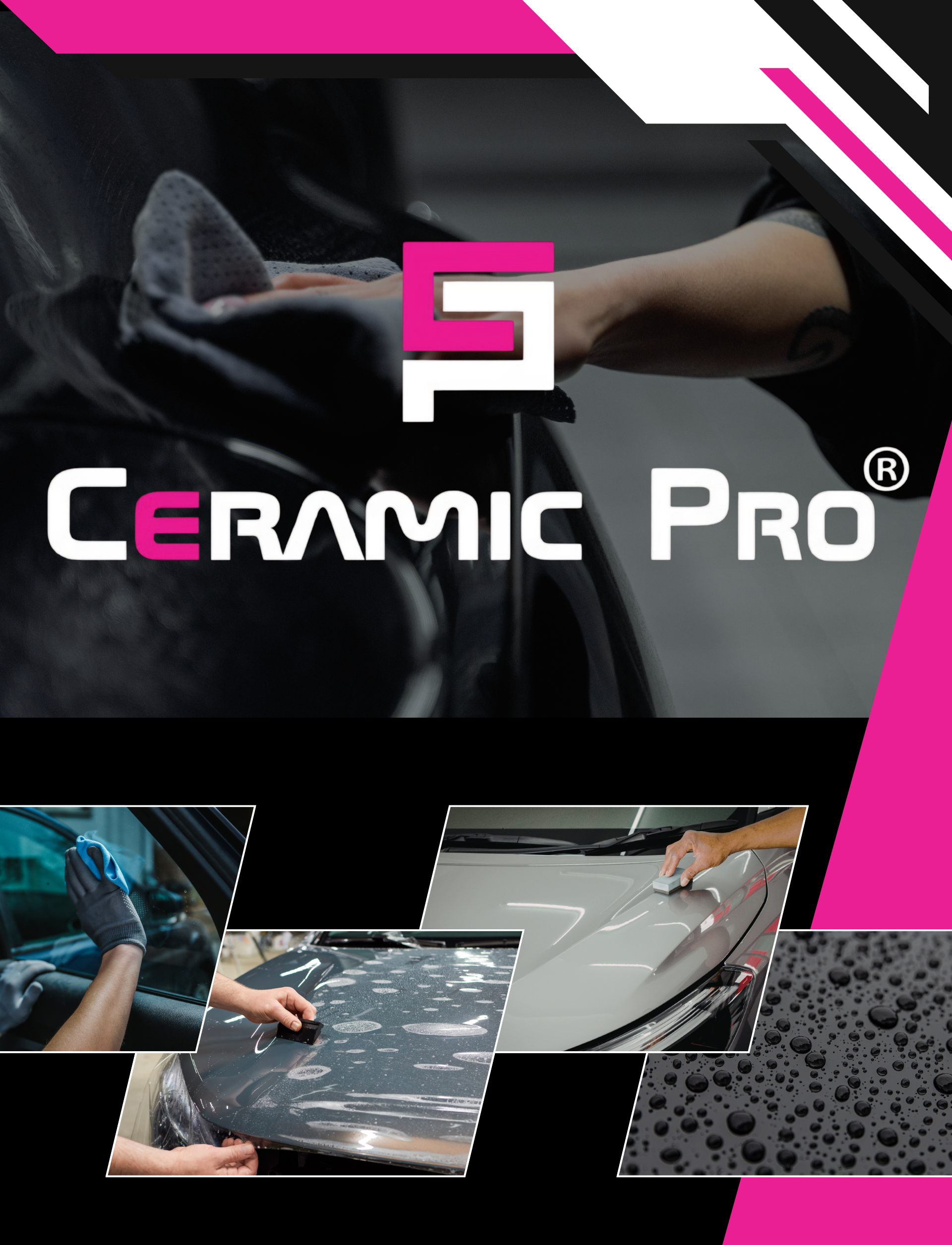 Advertisement for Ceramic Pro car coating. Features logo and application process images. Pink and white accents.
