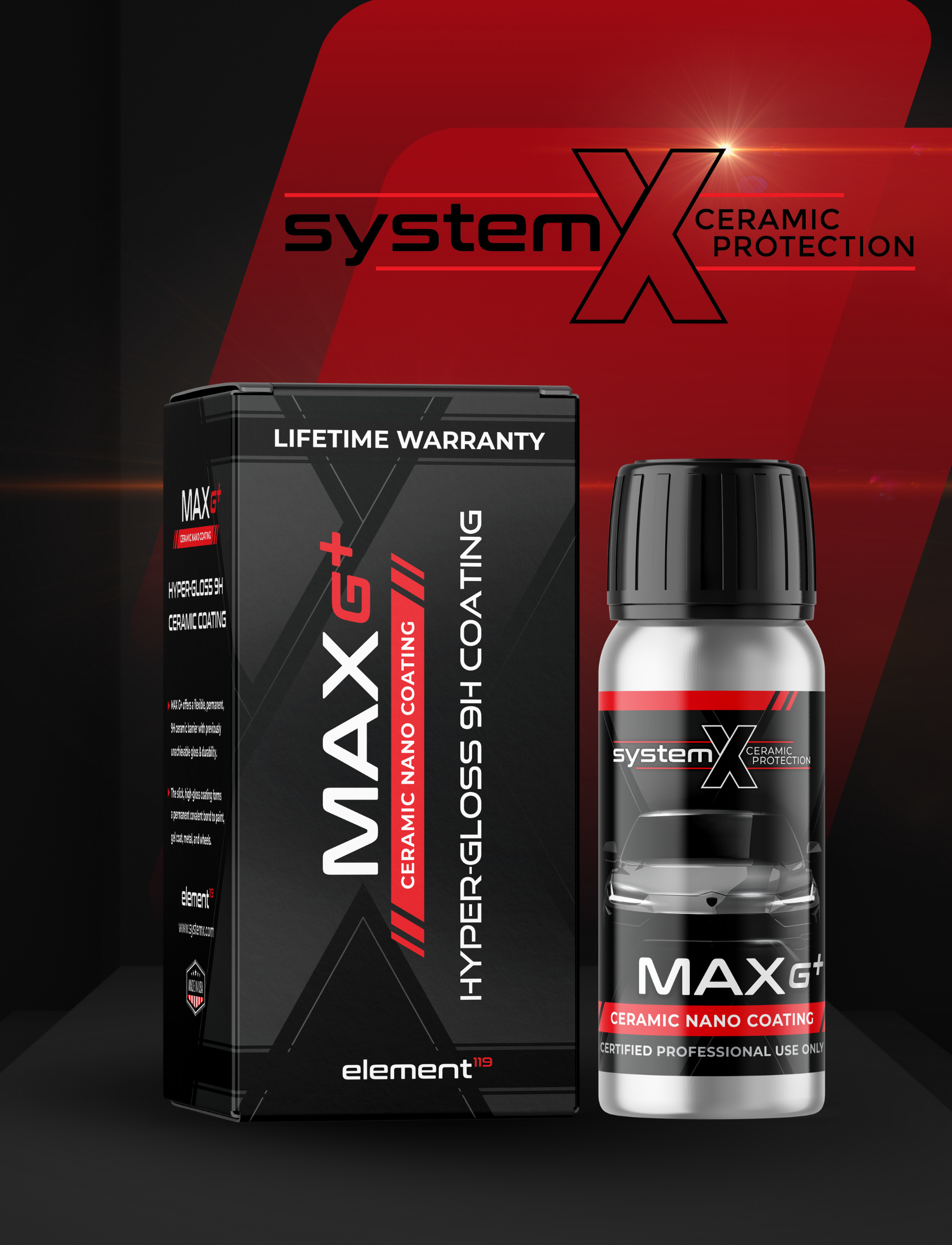 System X Max G+ ceramic coating product, bottle and box on red background.