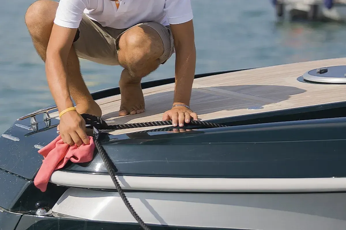 Person cleaning a boat's deck. They're wearing a white shirt and khaki shorts. The boat is at a dock.