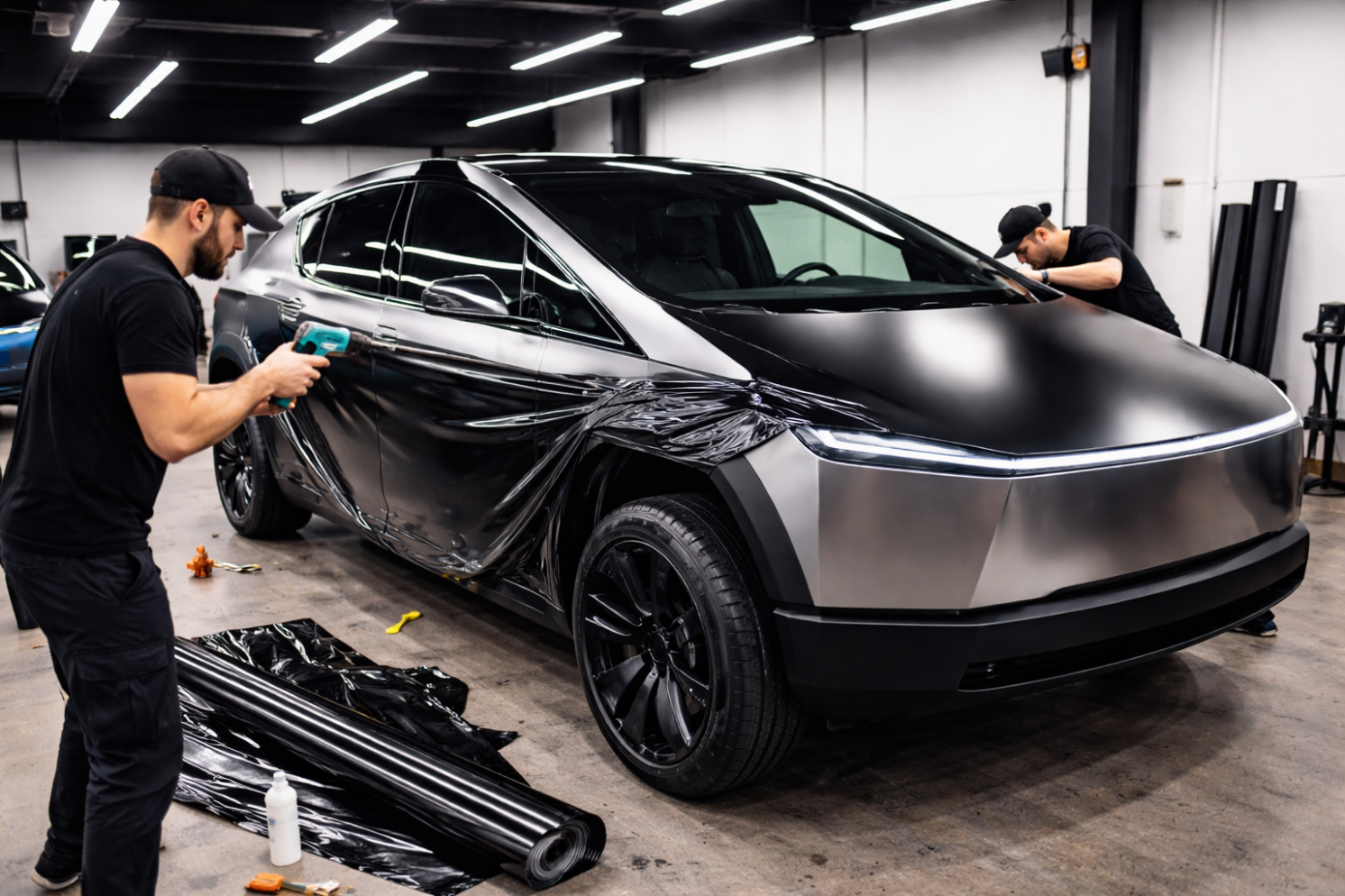 A black Mercedes with clear protective film on the hood in an indoor shop.