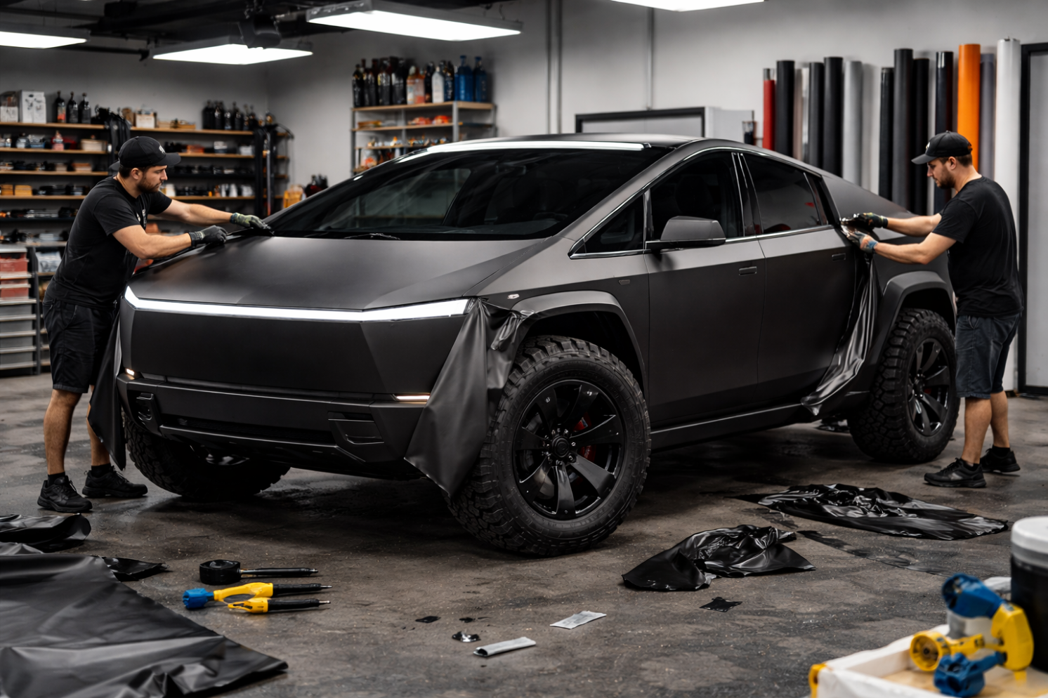 Person wearing gloves cleaning the inside of a car window with a blue cloth.