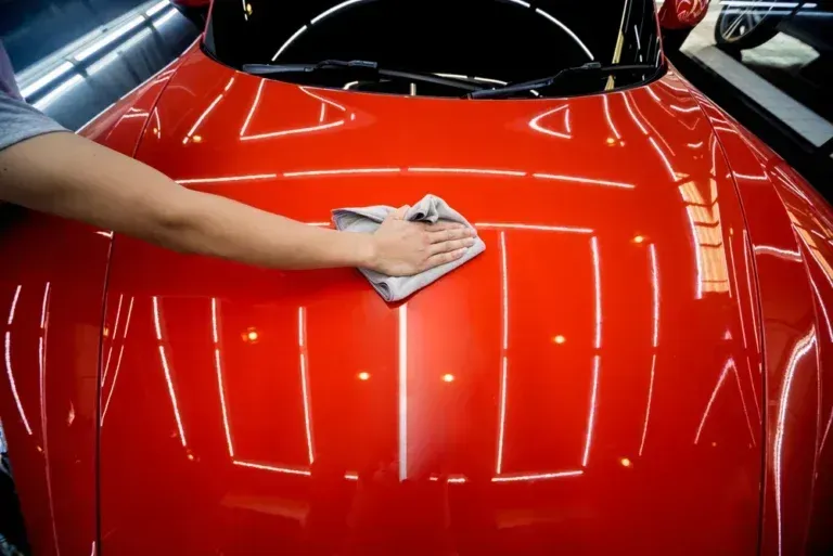 A person is cleaning the hood of a red car with a cloth.