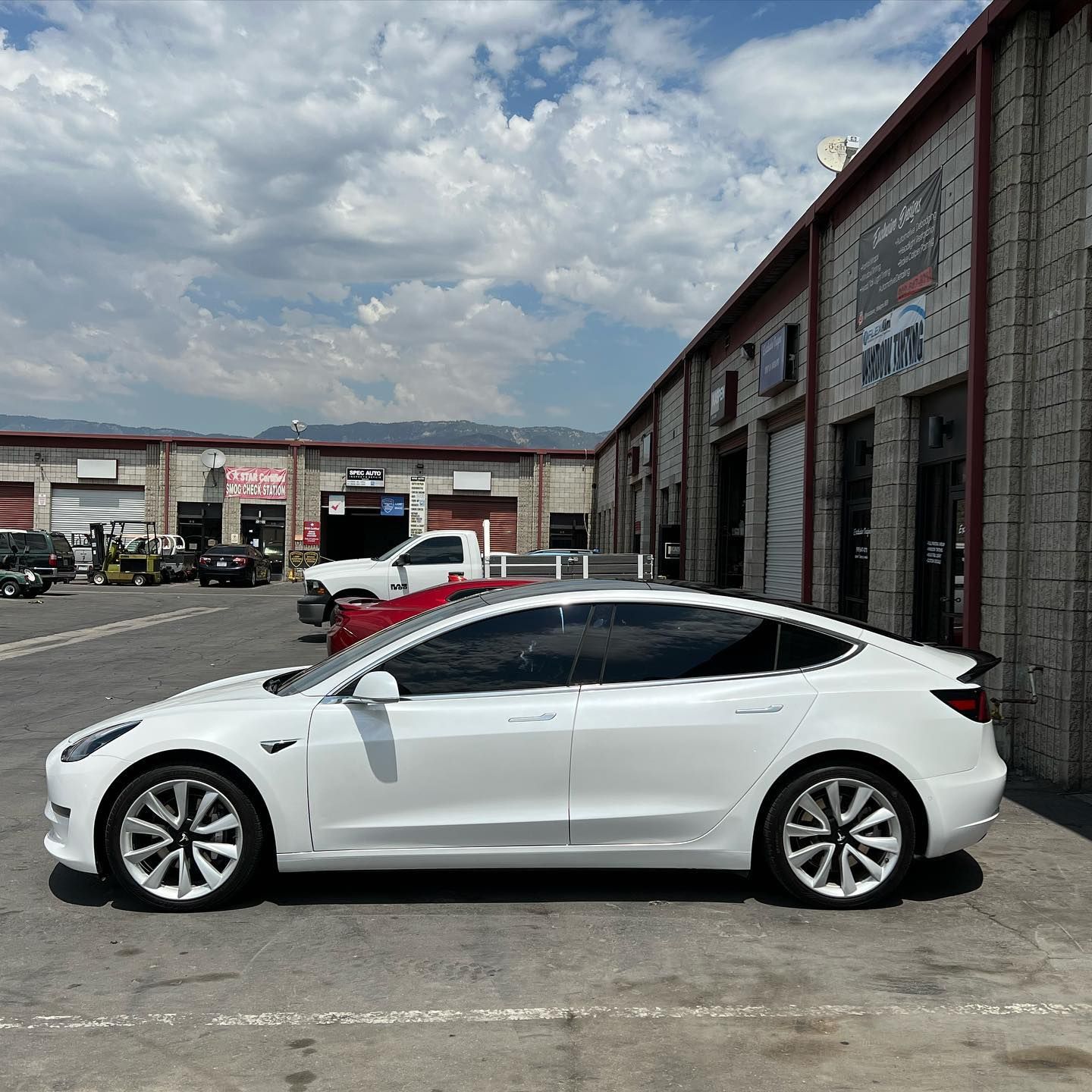 A white tesla model 3 is parked in front of a building