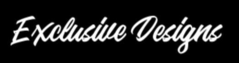 The word exclusive designs is written in white on a black background