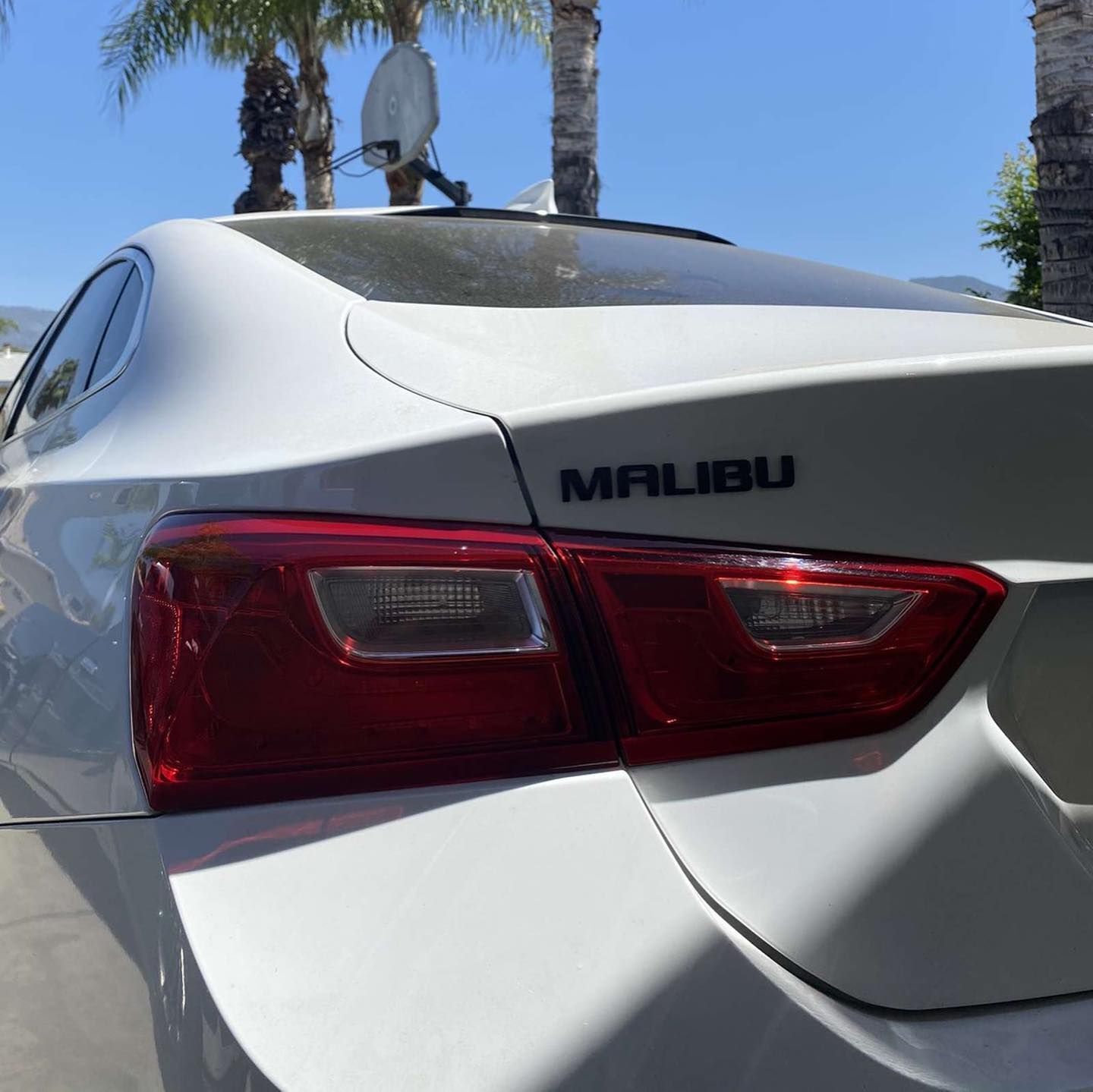 A white malibu is parked in front of palm trees