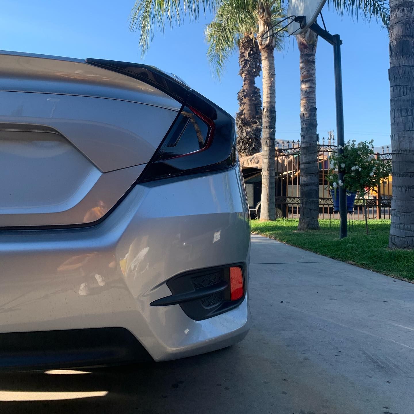 A silver car is parked on a sidewalk with palm trees in the background