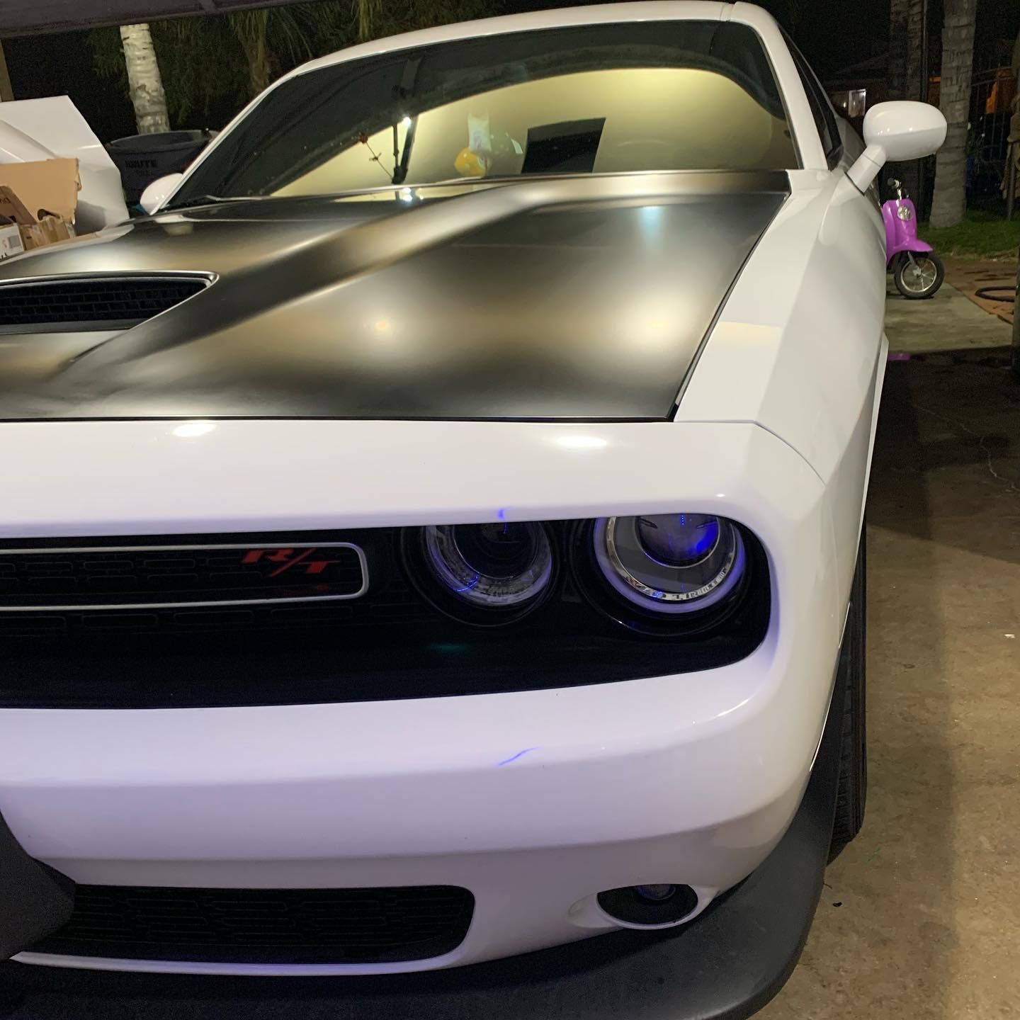 A white car with a black hood is parked in a garage