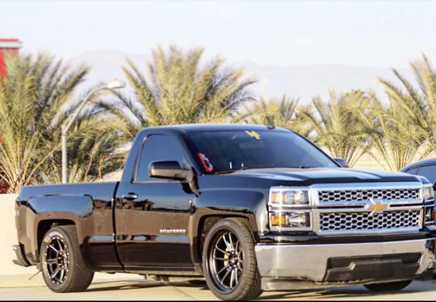 A black pickup truck is parked in front of palm trees.