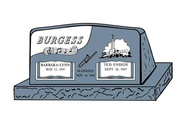 Burgess headstone with musical notes & building art.  Includes dates of birth & marriage.