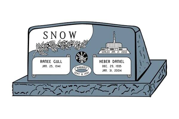Headstone of the Snow family. Blue-gray stone with names, dates, temple image, and a family emblem.