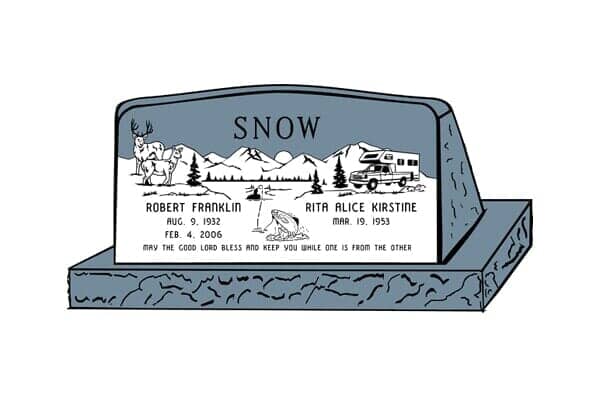 Gravestone, blue-gray, engraved with a mountain scene, RV, and names: Snow, Robert, and Beth.