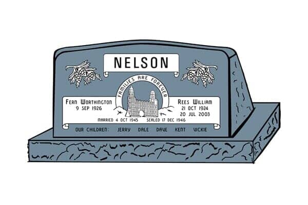 Blue Nelson family headstone with names and dates, featuring a temple illustration.