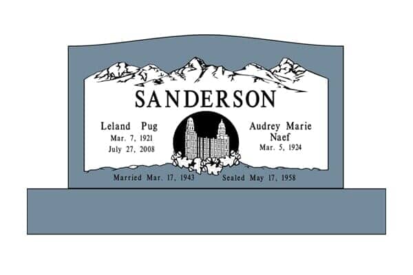 Headstone with the name Sanderson, mountain and temple images, and dates for Leland and Audrey.
