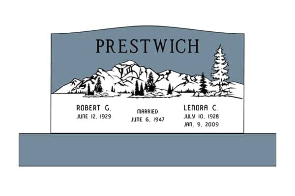 Headstone for the Prestwich family with a mountain and tree scene in gray.
