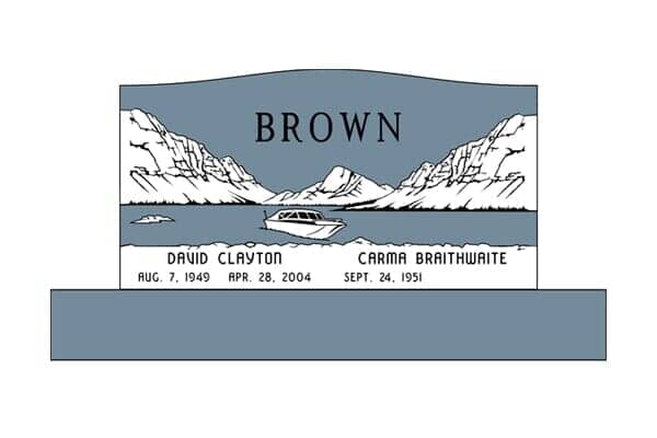 Gray headstone with the name BROWN and a mountain/lake scene; names David Clayton and Carma are listed below.