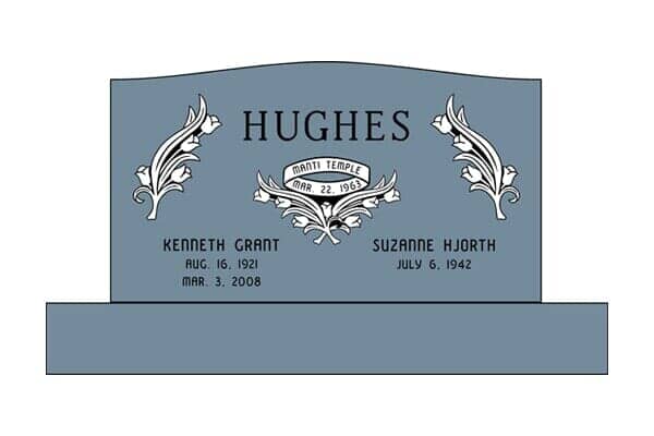 Gray headstone with the surname HUGHES and the names Kenneth Grant and Suzanne Hjorth with their birth and death dates.