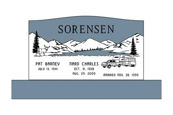 Gravestone with the name SORENSEN and names and dates of the deceased, and an illustration of a landscape with a trailer.