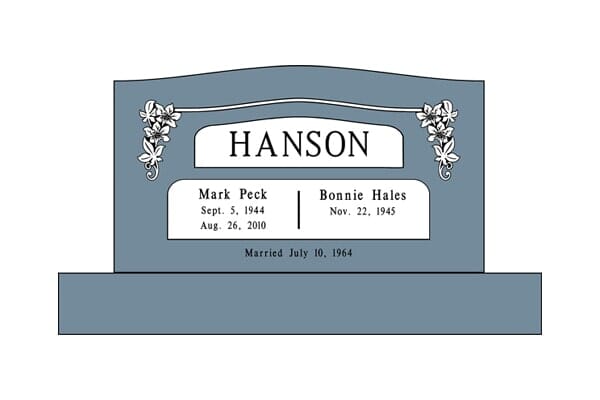 Headstone with the family name Hanson, dates for Mark Peck and Bonnie Hales, and their marriage date.