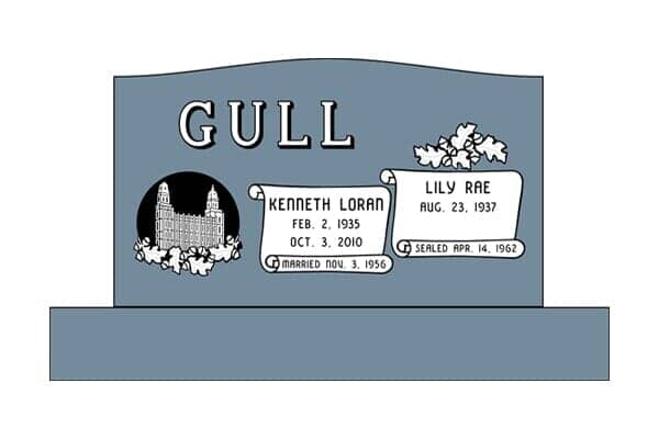 Tombstone of the Gull family: Kenneth, Lily, and family crest. Dates and names in grey on a blue background.
