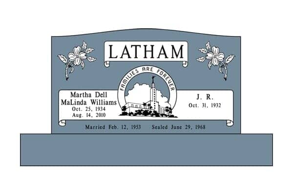 Blue headstone for Latham family, names Martha Dell Williams (1934-2000) and J.R. (1912-1993), with floral accents.