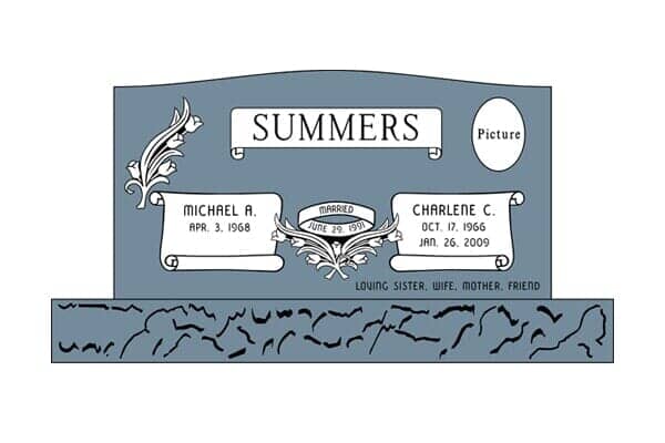 Gray Summers family tombstone with names Michael and Charlene, dates, and floral scrollwork.