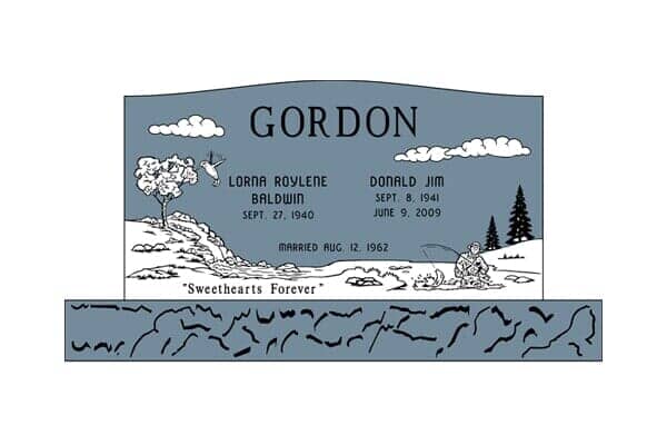 Headstone of Gordon family with names, dates, and a landscape scene with trees and a fisherman. Blue and white.