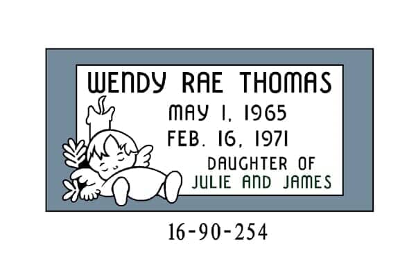 Headstone for Wendy Rae Thomas, born May 1, 1965, died Feb. 16, 1971, with an angel graphic.