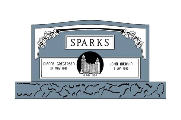 Headstone for the Sparks family; features name, dates, and a building illustration.
