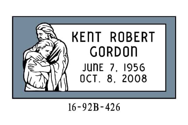 Gravestone engraving: Jesus embracing a person, with name, birth/death dates.