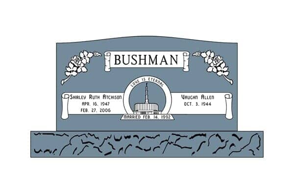 Gravestone for Bushman family; blue stone, floral details, names and dates.