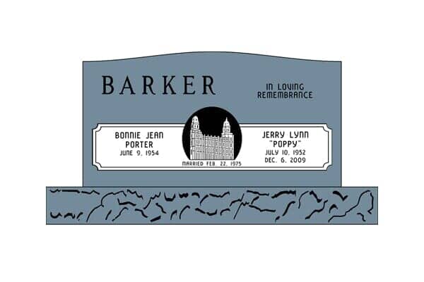 Headstone for the Barker family: gray stone with names, dates, and an illustration of a building.