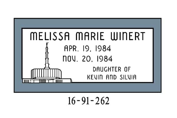 Headstone for Melissa Marie Winert: Born April 19, 1984, died November 20, 1984. Daughter of Kevin and Silvia.